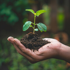 Hand cradling a young plant with soil, concept of growth and environment
