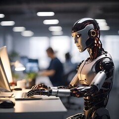 A futuristic robot with a computer, typing keyboard