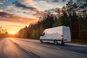 Delivery car on asphalt road in rural landscape at sunset by forest
