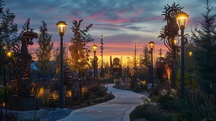 A winding path through a mechanical garden at sunset, with street lamps casting a soft glow on sculptures of iron and steel that mimic the shapes of exotic plants and animals. - obrazy, fototapety, plakaty