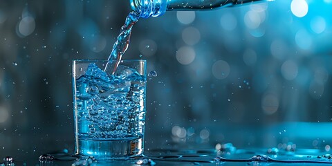 Water poured in glass, fresh clean water - obrazy, fototapety, plakaty