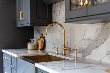 Detailed photo of kitchen sink with gold faucet marble backsplash grey cabinets and gold hardware - obrazy, fototapety, plakaty