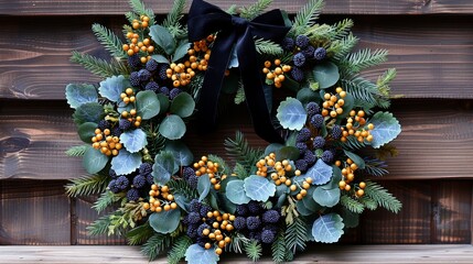   A wreath, adorned with berries, pine cones, and green leaves, hangs on a weathered wooden wall, secured by a black bow