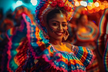 Mexican dancer, beautiful woman in traditional dress, embodying rich cultural heritage and vibrant traditions of Mexico.