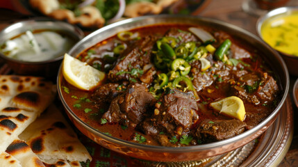 Traditional pakistani beef karahi with accompaniments