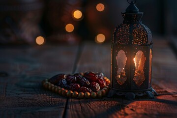 Dimly lit photo of lantern dates and rosary for Ramadan and Eid wishes