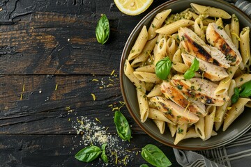 Directly above view of penne pasta with pesto chicken and lemon zest
