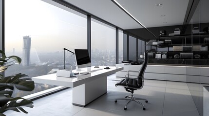 An architecta??s dream office space in high definition, with a corner window design that wraps around the room, providing expansive cityscape views