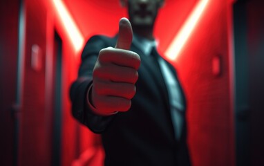 Close-up of a businessman's hand giving a thumbs up against a dark background, symbolizing approval or success.