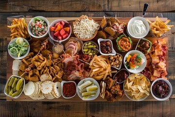 Board with variety of fast food items and snacks, offering a tempting selection for quick bites and indulgence.