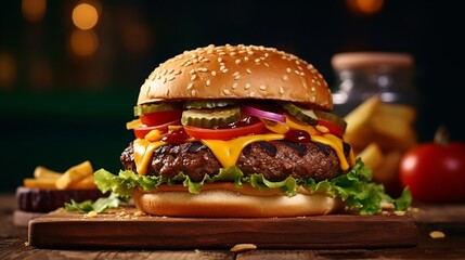 Appetizing double cheeseburger with lettuce, pickles, and onions on a wooden board with a blurred...