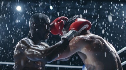 Two boxers in a match, one landing a punch, with dramatic lighting and snowfall adding intensity to...
