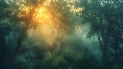 An eerie, mist-filled forest at dawn, with towering, gnarled trees shrouded in fog, and the first rays of sun struggling to penetrate the thick canopy