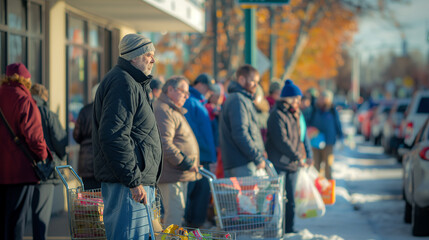 a local grocery store, a line of people patiently waits to drop off their donations, a sense of purpose and determination evident on their faces, despite the chilly weather,