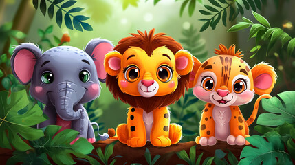Naklejka premium Cute Cartoon Animals in Nature. Jungle Friends