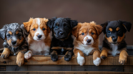 A Group of Cute Puppies.  A Small Canine Family - obrazy, fototapety, plakaty