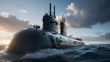submarine emerging from the ocean, generative ai illustration - obrazy, fototapety, plakaty