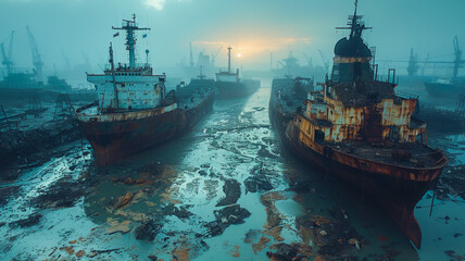 Derelict Ships on a Muddy Beach - obrazy, fototapety, plakaty