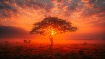   A solitary tree in the field, sun setting behind a sky's center - obrazy, fototapety, plakaty