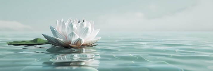 Zen white lotus flower floating gracefully on water, calmness and tranquility, symbolizing meditation and inner peace - obrazy, fototapety, plakaty