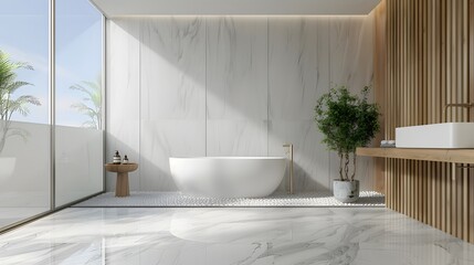 An elegant bathroom design in high definition, featuring a large, frosted glass window next to a freestanding tub, offering natural light while ensuring privacy.  - obrazy, fototapety, plakaty