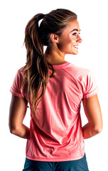Rear view of a 20s woman with long hair wearing a pink t-shirt. Concept of sportswear 