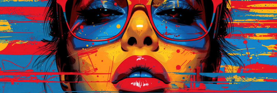 The girl's eye makeup follows the Cluttercore trend using rich colors and bold strokes. Bright banner for the background.