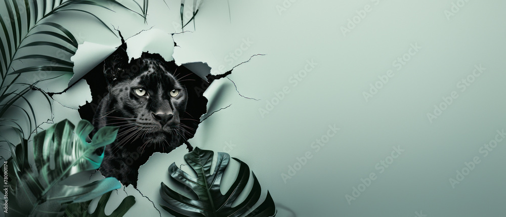 Wall mural a stunning image of a black panther looking through a jagged opening surrounded by lush greenery on 