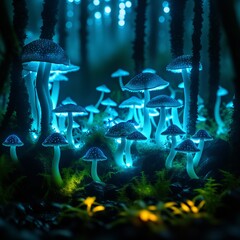 Bioluminescent forest at night. Background for design, print, card (greeting card), banner, poster, flyer, advertising, wallpaper.
