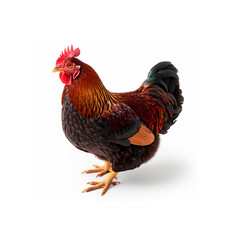 Red and Black Rooster Standing on White Background. Generative AI
