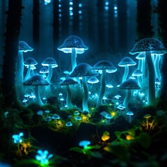 Bioluminescent forest at night. Background for design, print, card (greeting card), banner, poster, flyer, advertising, wallpaper.