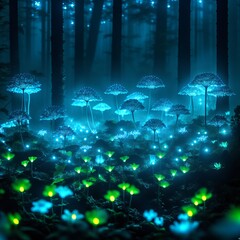 Bioluminescent forest at night. Background for design, print, card (greeting card), banner, poster, flyer, advertising, wallpaper.