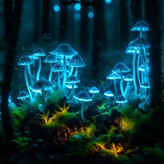 Bioluminescent forest at night. Background for design, print, card (greeting card), banner, poster, flyer, advertising, wallpaper.