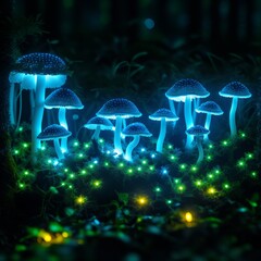 Bioluminescent forest at night. Background for design, print, card (greeting card), banner, poster, flyer, advertising, wallpaper.