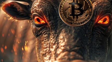 Fiery Red-Eyed Bull and Bitcoin: A Vision of Market Vigor Cryptocurrency strength icon, red-eyed bison image, market energy art