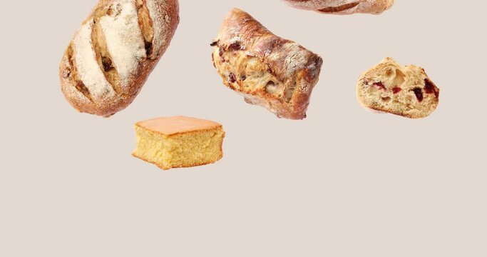 creative animation of bread falling from above, with color background