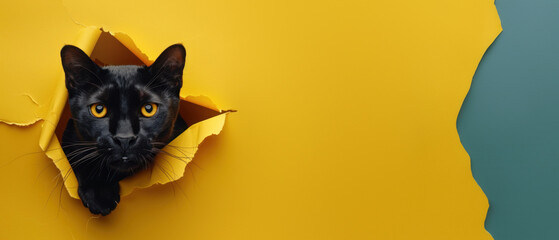 An inquisitive black cat emerges from a hole torn in blue paper, contrasting with the yellow backdrop
