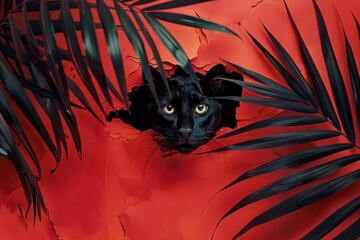 A curious black cat peeks through a torn red paper background surrounded by tropical palm leaves - obrazy, fototapety, plakaty