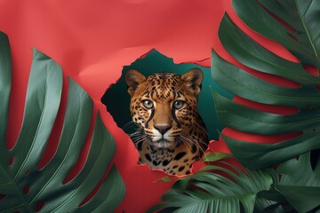 A majestic leopard's head cleverly emerges from a tear in a vibrant red background, framed by lush monstera leaves