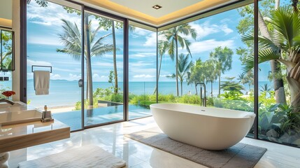 An elegant bathroom with wall-to-wall glass, giving a view of a secluded tropical beach. The design includes a freestanding bathtub, sleek fixtures, and a tranquil, spa-like atmosphere