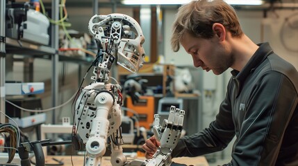 An engineer in a robotics workshop, fine-tuning a humanoid robot's hand, with tools on the workbench and parts of other robots in the background. - obrazy, fototapety, plakaty