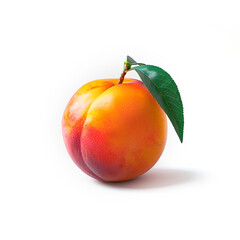 A Peach With a Leaf on a White Background. Generative AI