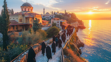 Greek Orthodox Monks in Procession - obrazy, fototapety, plakaty