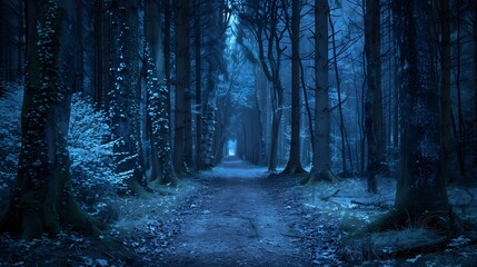 An ominous, dark forest path at night, lined with towering, whispering trees, leading deeper into...