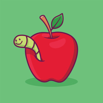 Red apple with worm cartoon vector illustration