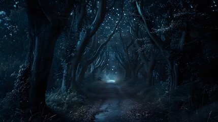 Naklejka premium An ominous, dark forest path at night, lined with towering, whispering trees, leading deeper into the unknown, with only the stars for light