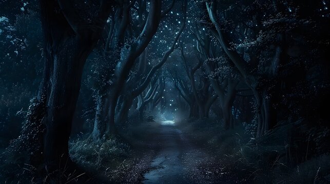 An ominous, dark forest path at night, lined with towering, whispering trees, leading deeper into the unknown, with only the stars for light
