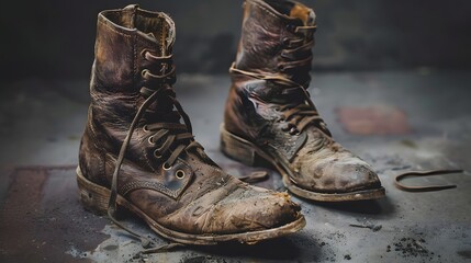 A pair of well-worn leather boots - obrazy, fototapety, plakaty