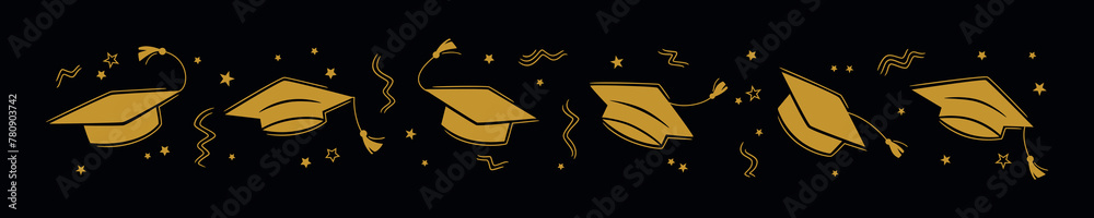 Wall mural Graduation border with the square academic cap high into the air on white background. Graduate hats in the air gold confetti. Flat vector illustration on the black. Grad party horizontal poster - Wall murals