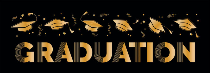 Graduation greeting sign with square academic caps high into the air. Vector design for congratulation ceremony, invitation card, banner. Golden grads symbol for university, high school on black